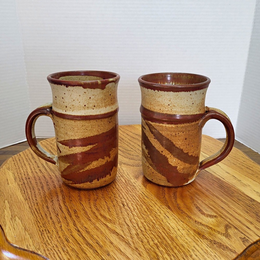 Handmade Rustic Studio Pottery Coffee Cup Mug Set Of 2 Pair Thumb Rest Crafted